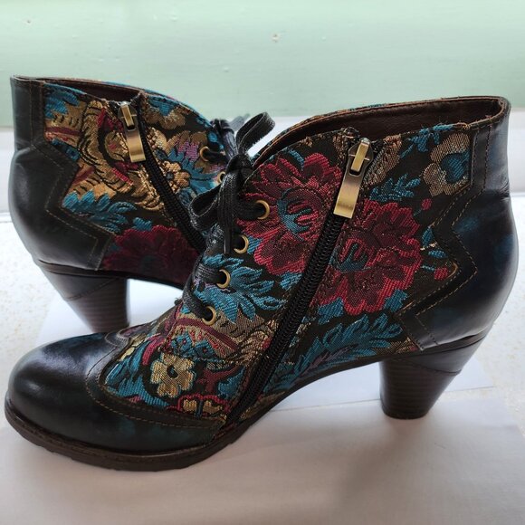 Embossed Floral Leather & Zippered Heeled Ankle Boots - Picture 2 of 8